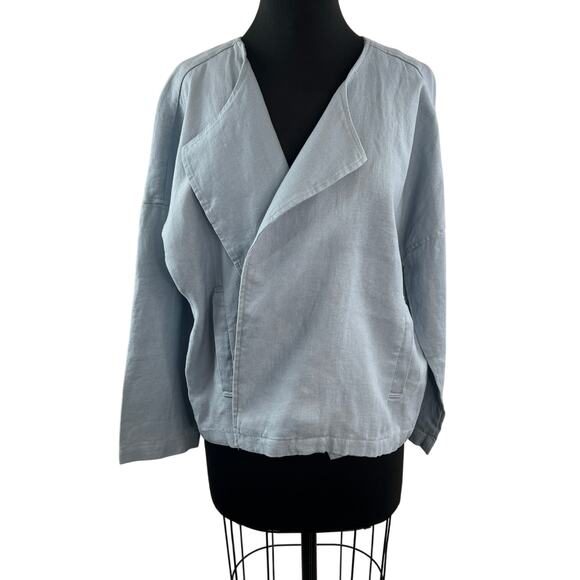 EILEEN FISHER Blue Drape Front Jacket Organic Linen Boxy Fit Size Medium M - Picture 1 of 8